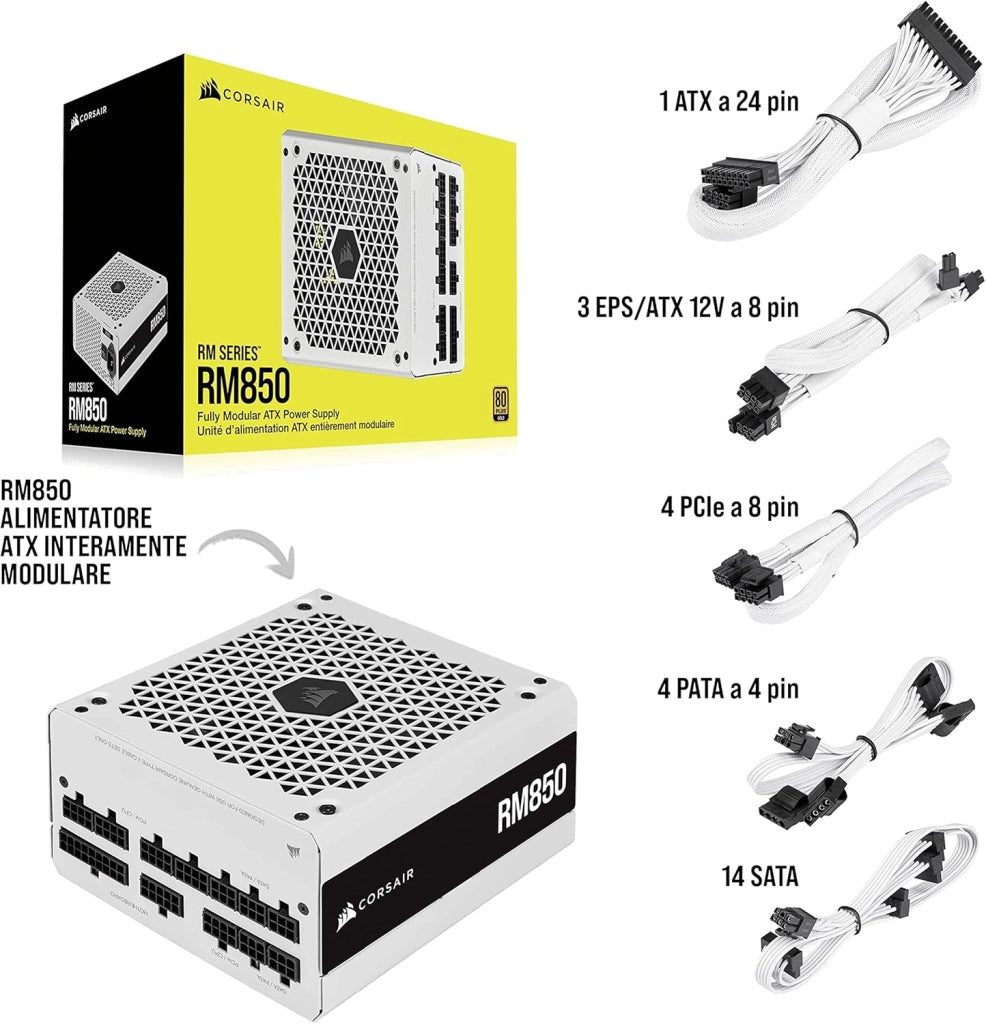 RM850 (2021), RM Serie, 850 Watt, Alimentatore ATX Interamente Modulare (Connettori EPS12V Tre, Bassa Rumorosità, Modalità Zero RPM, Condensatori con Rating a 105 ºC) Bianco