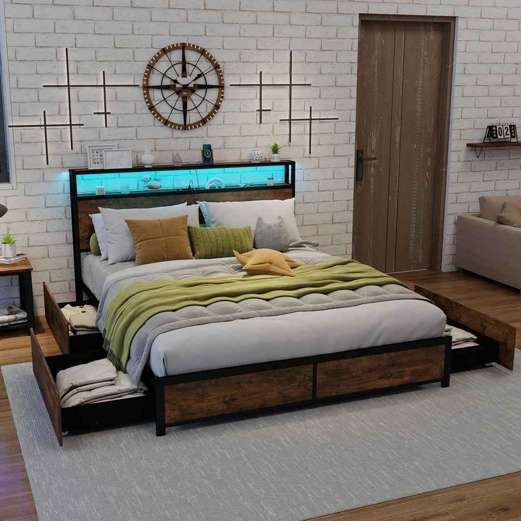 Letto Matrimoniale 160x200 cm, con 4 Cassetti e Testiera, Struttura Letto con Luci LED Regolabile e Presa Multipla, Carico Massimo 300kg, Silenzioso