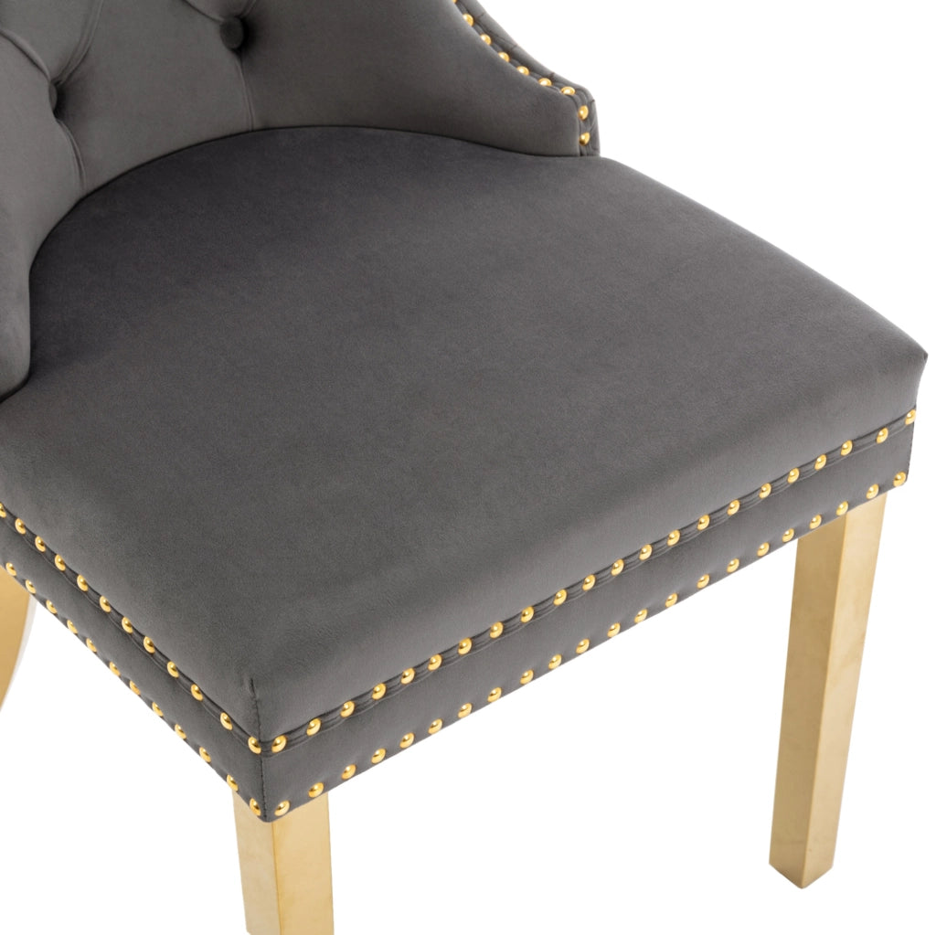 Sedia da pranzo imbottita in velluto grigio con anello decorativo; gambe in acciaio inox dorato; 50;5 x 45 x 95 cm
