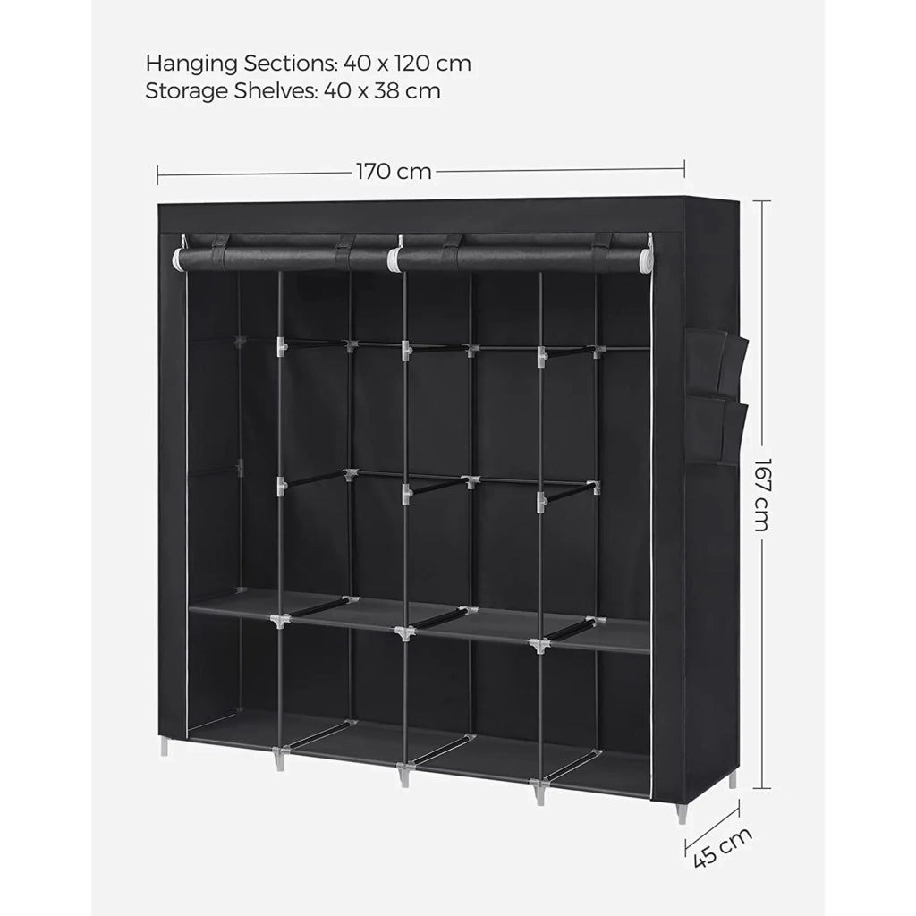 Armadio in tessuto per camera da letto appendiabiti 45 x 170 x 167 cm 4 scomparti appendiabiti ripiani a 2 livelli 4 tasche grande capacità camera da letto/soggiorno nero 12_0003969