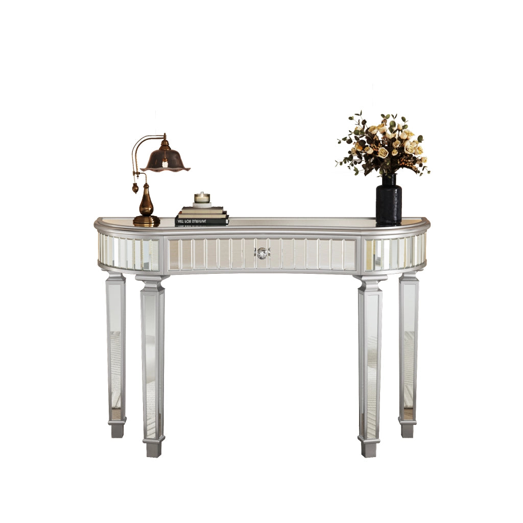 Consolle 120x38x78 cm con cassetto in vetro e MDF grigio e argento