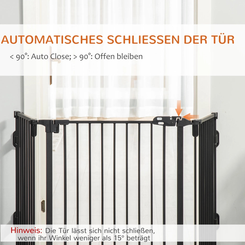 Barriera estensibile a forbice con porta a chiusura automatica 3 pannelli pieghevole in plastica nera 202,5 × 76 cm