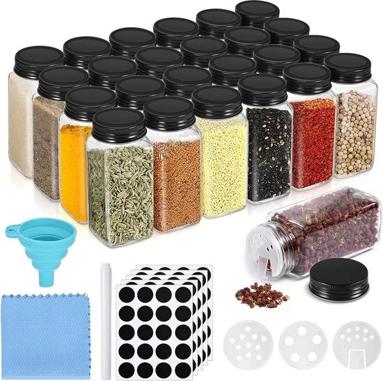 Set di contenitori per erbe - 24 pezzi - 120 ml - vetrini rettangolari - contenitori per erbe - contenitore per erbe - set - ciotola in silicone - cassa per erbe - etichette per erbe - accessori da cucina - accessori per cucina - nero