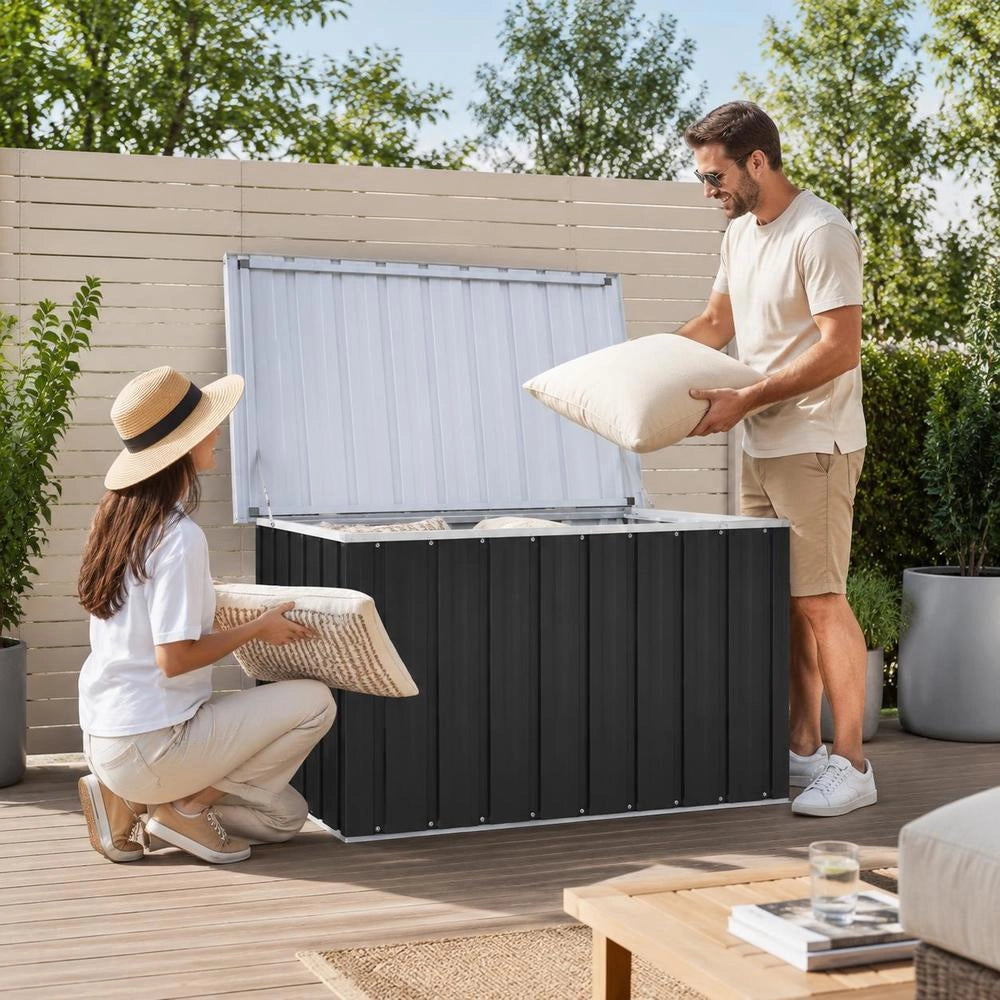 Large Outdoor Storage Box, Galvanized Steel Deck Box With Lid, Weather Resistant Garden Cabinet For Patio Garage, Holds Cushions And Tools, 109x67x65 Cm