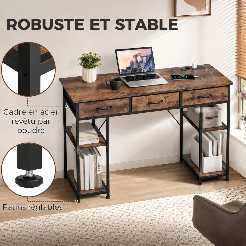 Scrivania per computer marrone con prese e porte USB, 3 cassetti in tessuto e 4 ripiani, 120 x 40 x 76 cm, per casa e ufficio