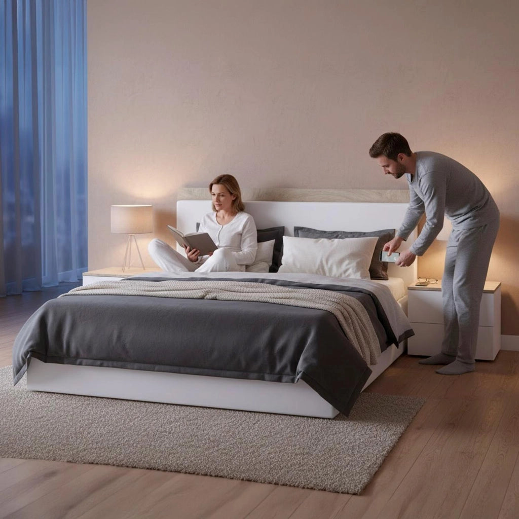 Set Camera Da Letto Con Testiera Matrimoniale 176 Cm Due Comodini Con Cassetti Testata Arredo Moderno Per Letti 135 150 160 Cm Rovere E Bianco