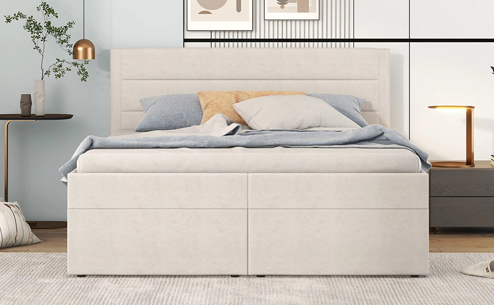 DESMIU Letto contenitore 140 × 200 cm 2 posti con vano contenitore, senza materasso, in legno massiccio e MDF, beige