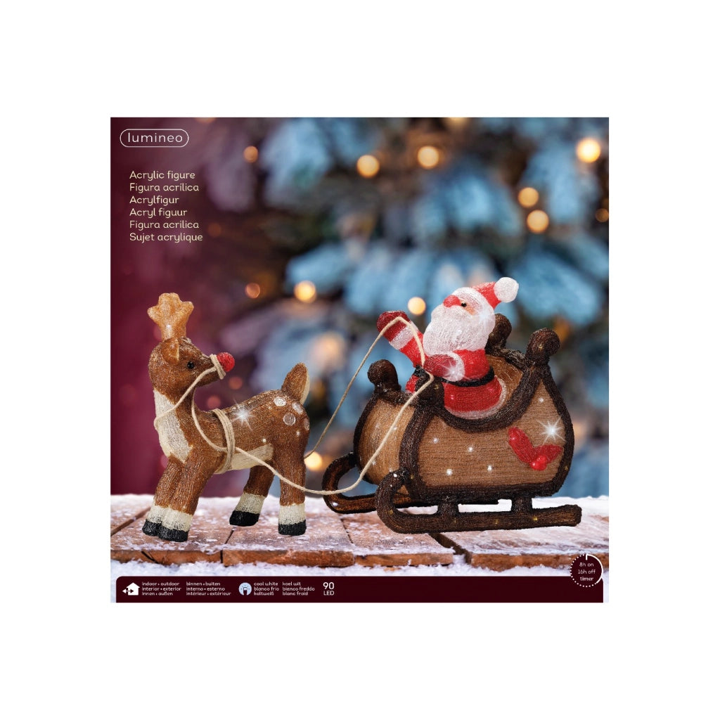 Babbo Nat. c/slitta e renna acrilico c/led m.color 82,5x33x47cm OUT