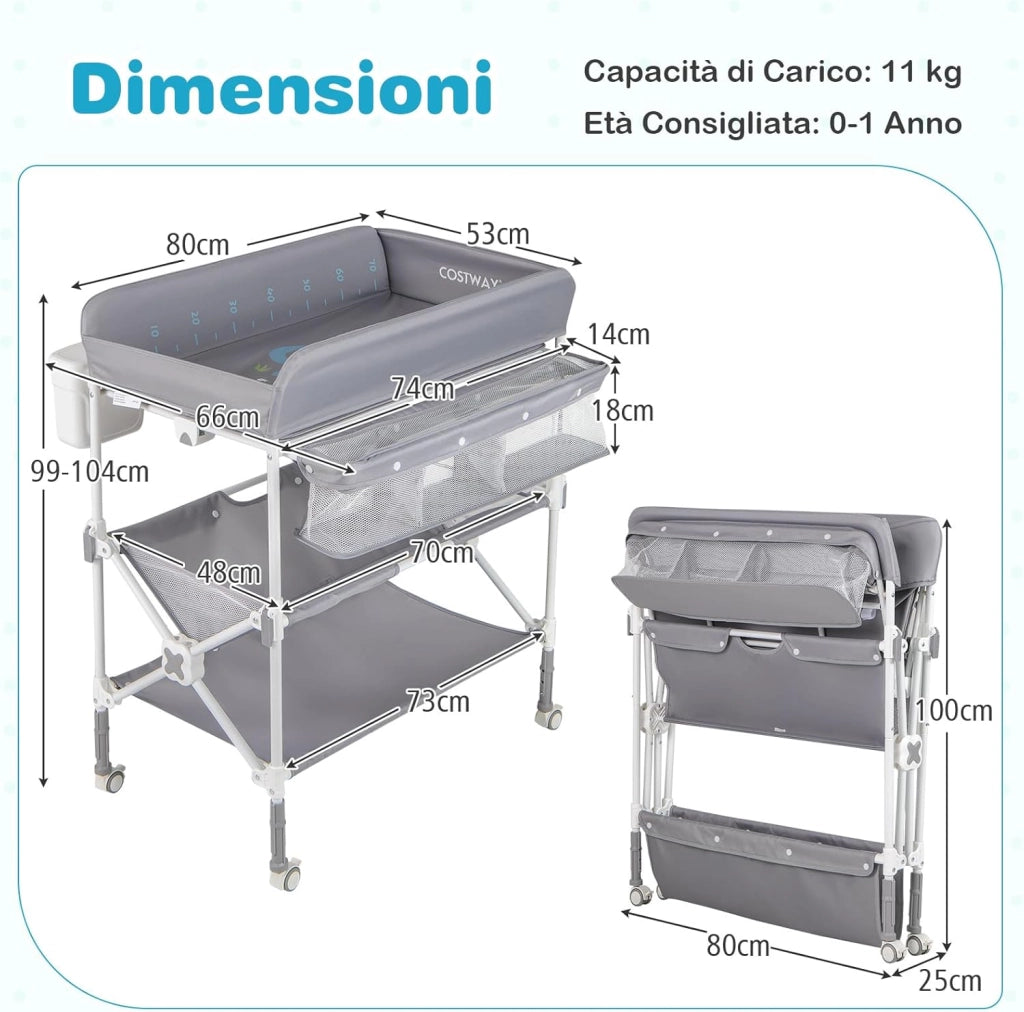 Fasciatoio Pieghevole Neonato, Fasciatoio Portatile con Altezza Regolabile, Comodino per Pannolini con Ruote di Bloccabili, 2 Ripiani, Porta Asciugamani, Cestino di Rifiuti (Grigio)