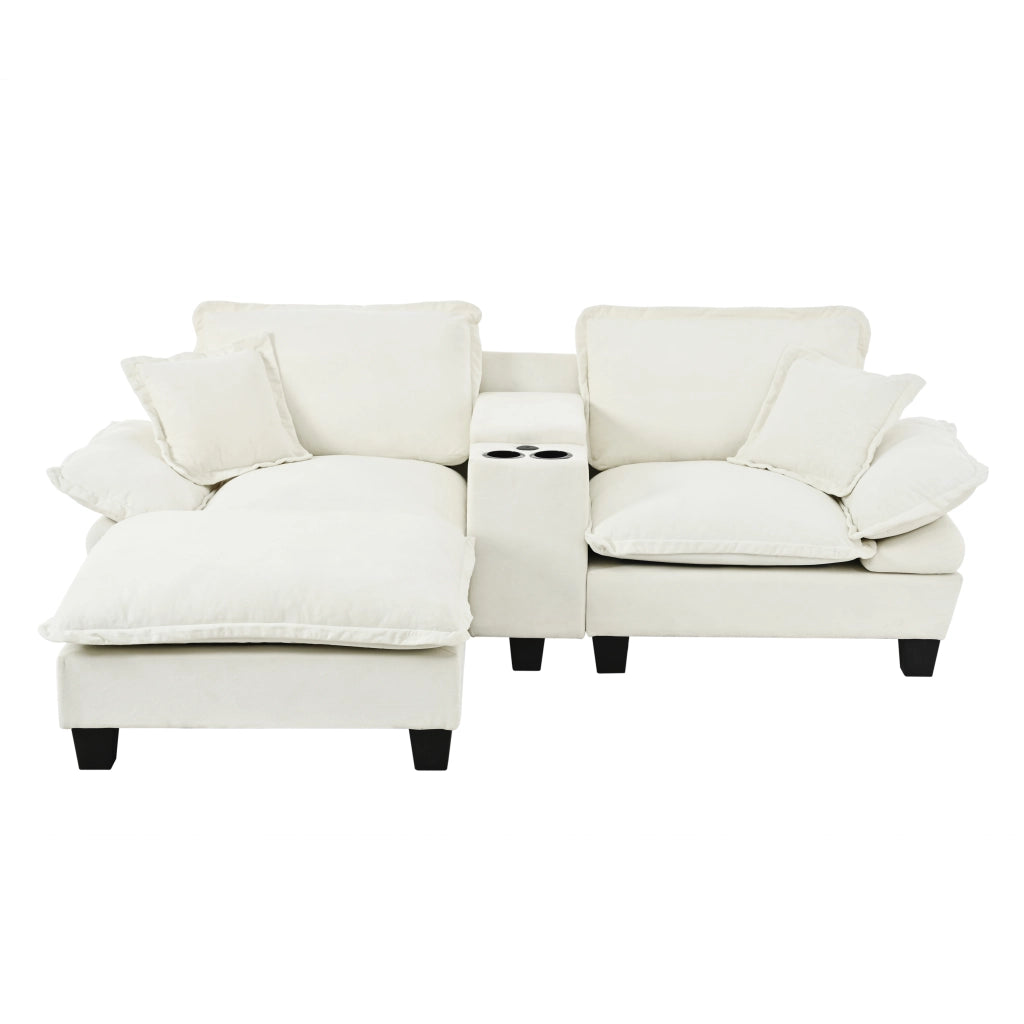 Divano modulare angolare con contenitore; porta bicchieri e USB; in chenille beige
