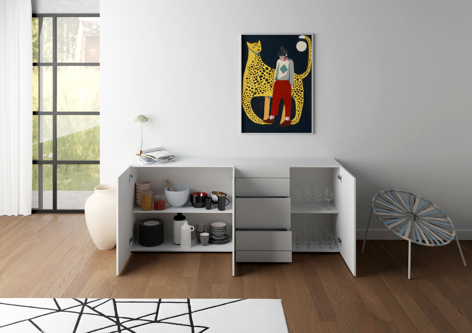 Madia 3 Ante e 3 Cassetti 200x40x83,5 cm Elios Bianco Lucido