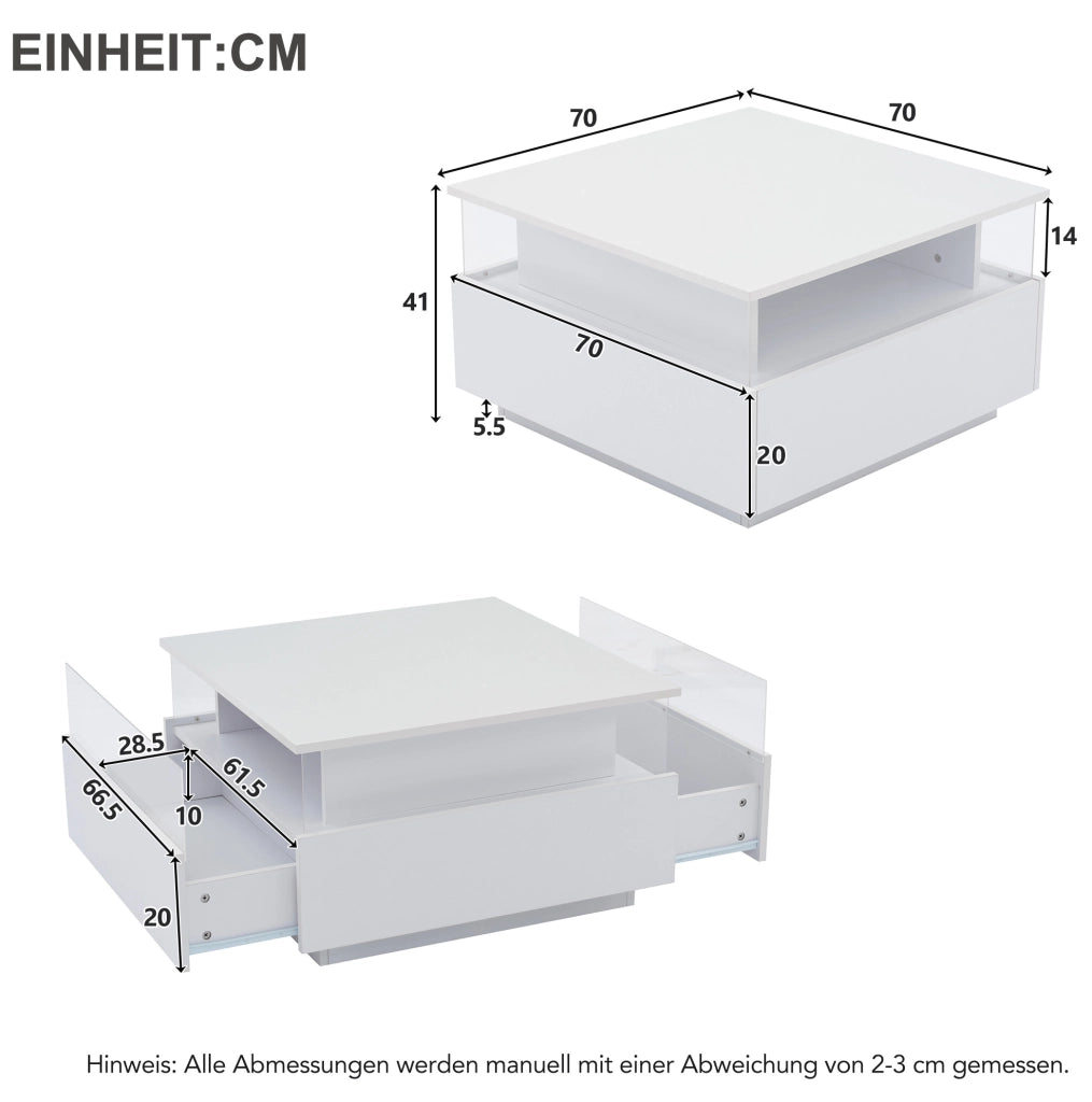 Tavolino da salotto moderno bianco 70x70x41 cm con LED; 2 cassetti e vano trasparente