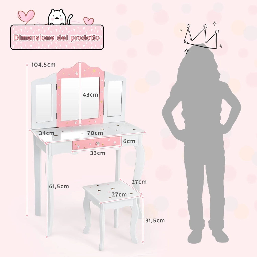 Toeletta Trucco 2 in 1 per Bambina Staccabile, Specchiera per Ragazza in Legno con Giocattoli, Sgabello e Cassetto, Postazione Trucco per Cameretta e Cmera da Letto, 3 Anni 70x35x104cm(Bianco)