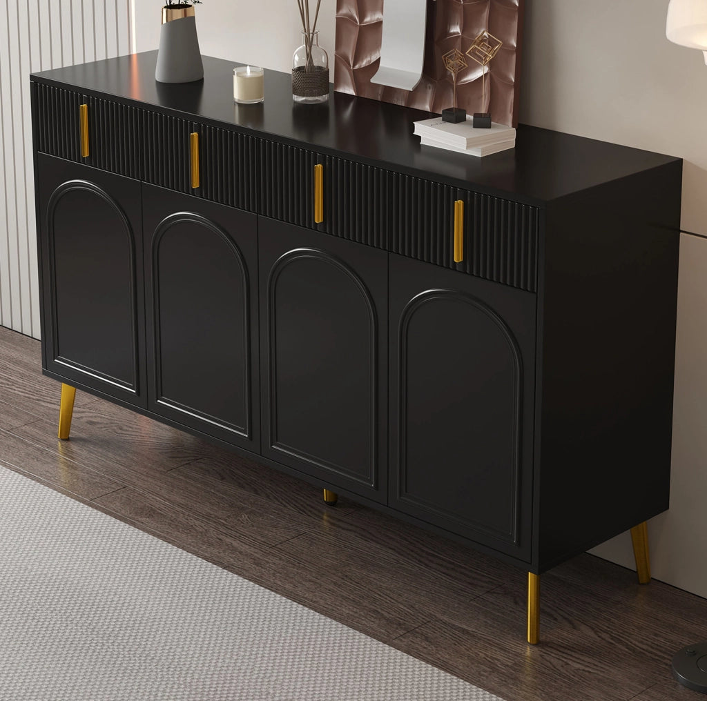 Credenza 140x38x82 cm con 4 ante; 4 cassetti; MDF nero