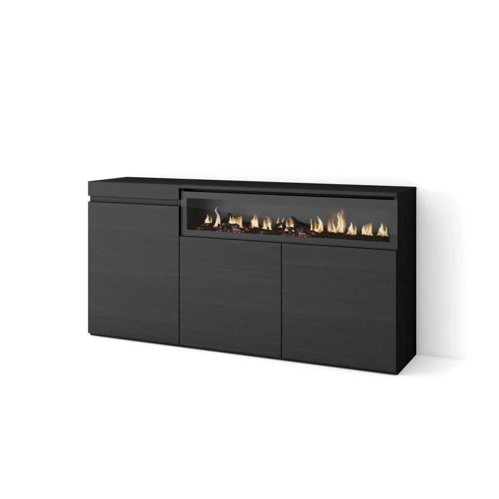 Credenza, Mobile, 150x35x75cm, 3 Porte, Camino elettrico, Nero RF2514
