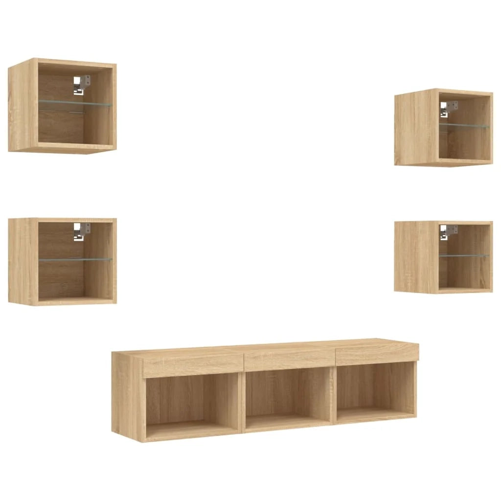 Mobile TV multimediale scaffale TV credenza mobile TV sala da pranzo soggiorno camera da letto con illuminazione a LED 7 pezzi legno ingegnerizzato rovere Sonoma marrone 02_0029470
