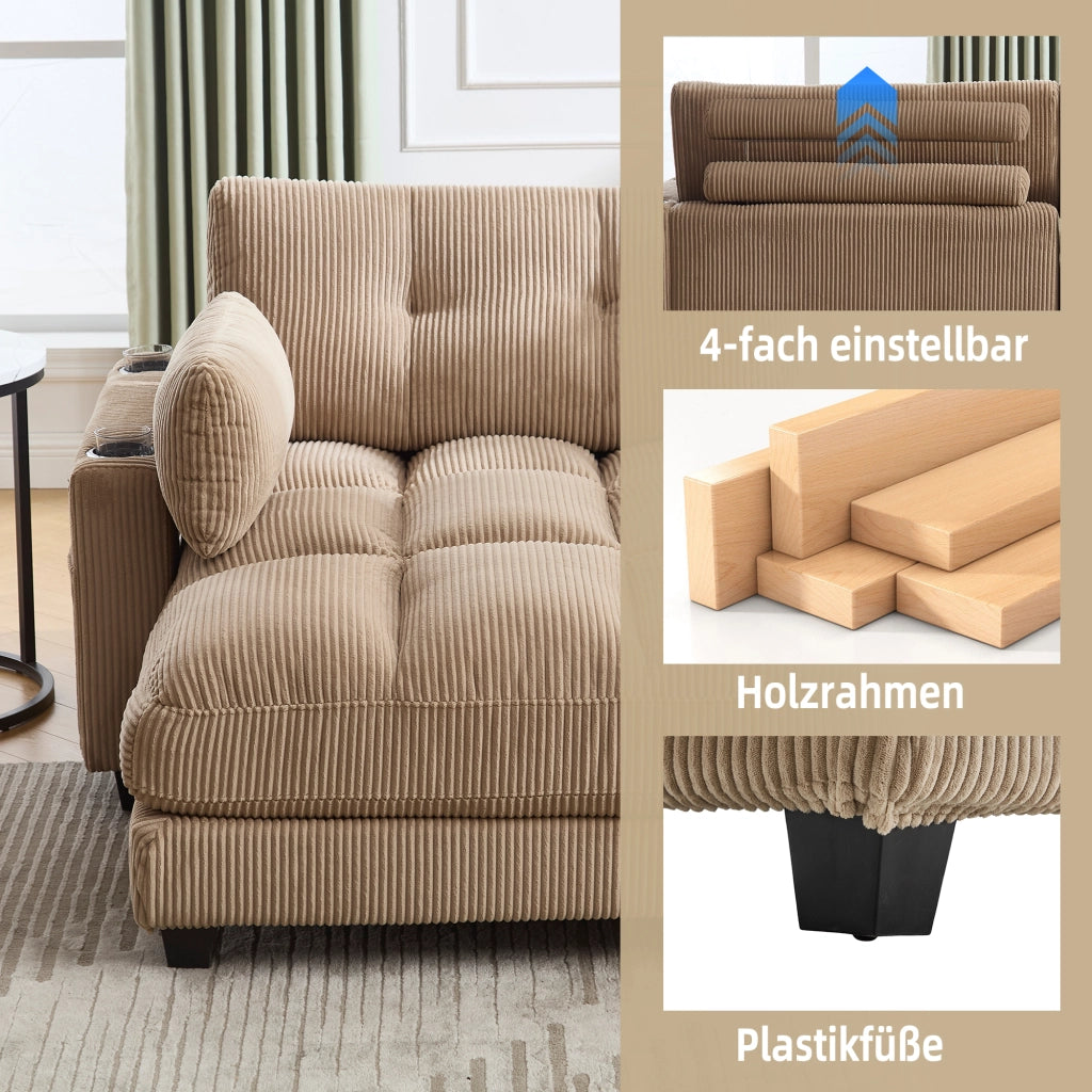 Poltrona Relax Con Poggiatesta Regolabile; Portabicchieri; Tasca Laterale; USB; Cuscino; in Velluto a Coste Khaki