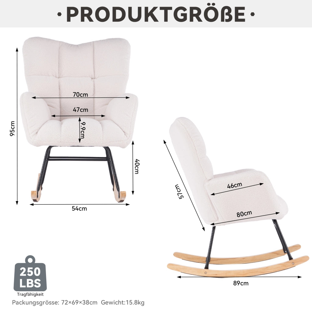 Sedia a Dondolo con Schienale Alto Ergonomico; Braccioli Imbottiti e Base Silenziosa; in Teddy Bianco
