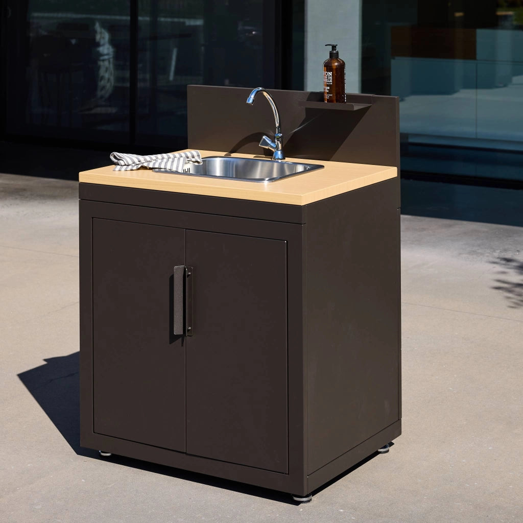 Cucina esterna in acciaio e decorazione in legno 1 lavello 2 porte 1
