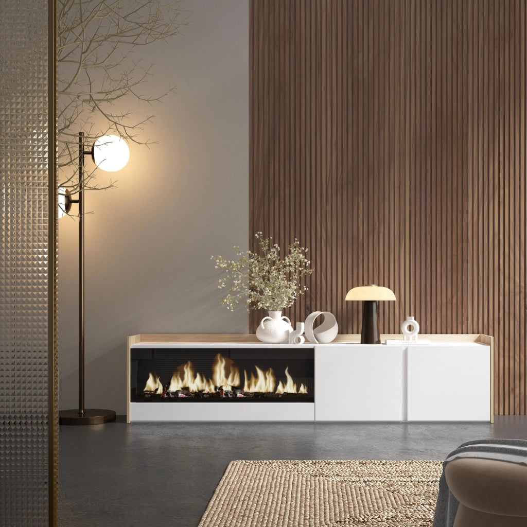 Mobile TV Soggiorno, 212x50x35 cm, Per TV fino a 80", Camino elettrico XXL, Bianco e Rovere soft