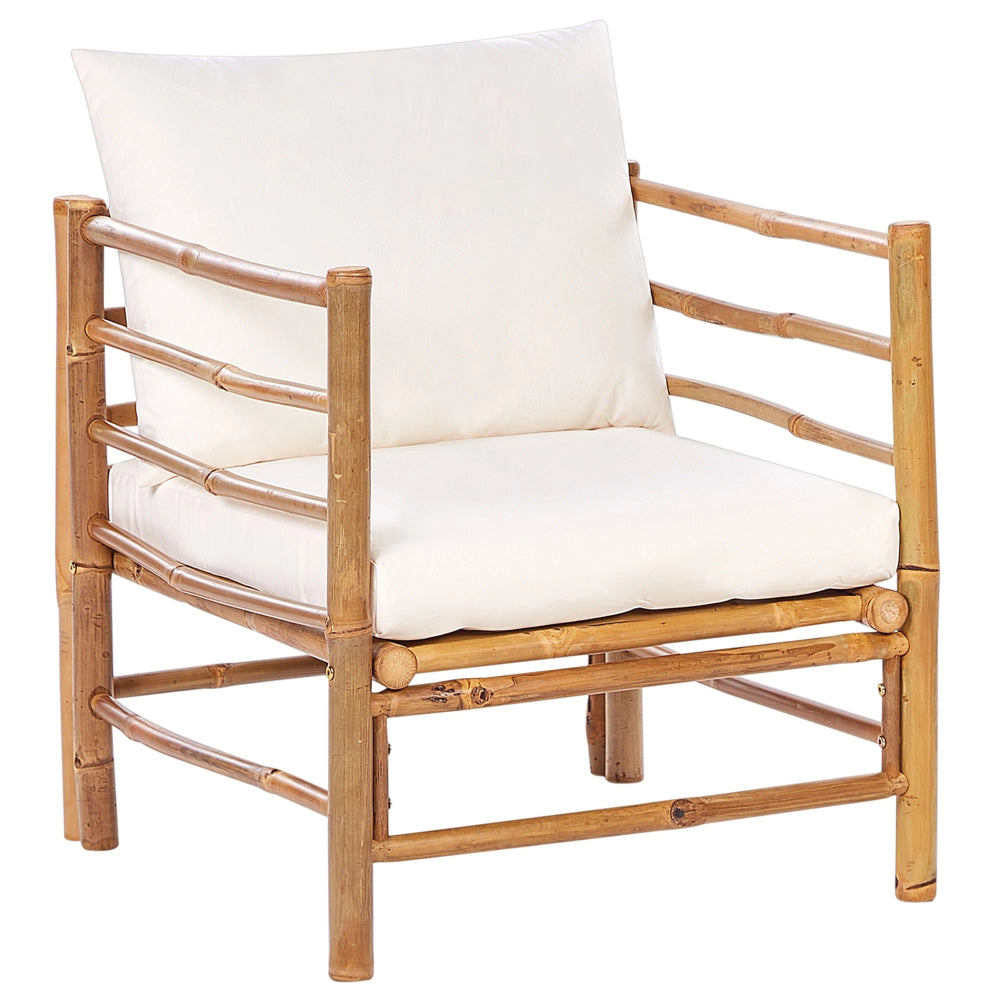 Set da giardino modulare con divano a 3 post 2 poltrone e tavolino in bambù naturale con cuscini bianco crema esterno elegante