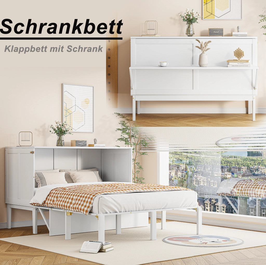 Letto a scomparsa verticale 140x200 cm in legno; salvaspazio; bianco