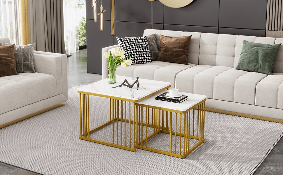 TAVOLINO DA CAFFÈ Quadrato Set 2 pezzi 60x60/45x45 cm Effetto Marmo Bianco Oro