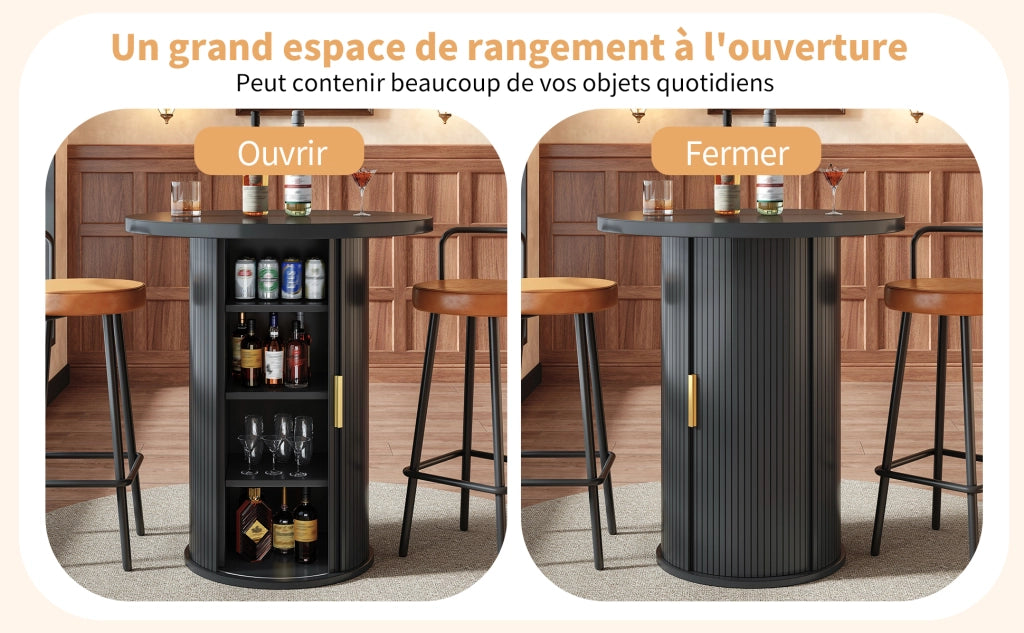 Set tavolo bar rotondo con 2 sgabelli, spazio contenitore e sedute ergonomiche in MDF e metallo nero per casa