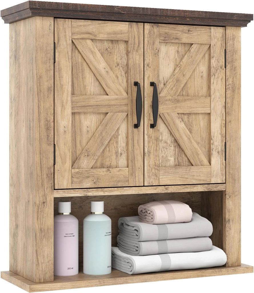 Armadio da parete per bagno, pensile con 2 ante e 1 scomparto aperto, stile fienile, mensola regolabile, 55 x 19 x 60 cm, organizer per cucina, ingresso, lavanderia