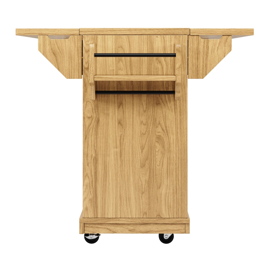 Carrello cucina pieghevole con altezza ergonomica 95 cm, struttura in MDF e metallo, colore legno naturale