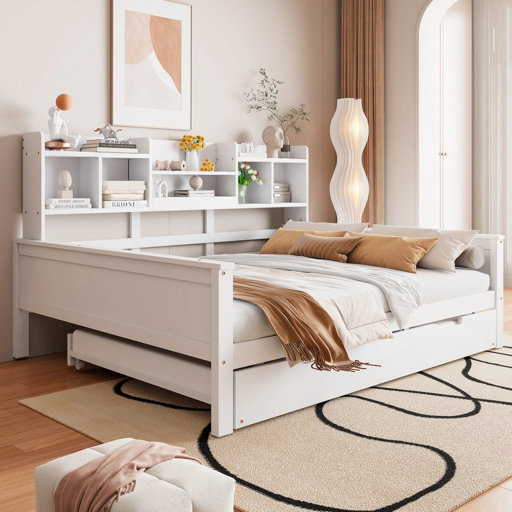 OKWISH Letto Divano 140×200 cm, Letto Matrimoniale con Letto Estraibile 90×190 cm, Contenitore e Mensole, senza Materasso, Legno, Bianco