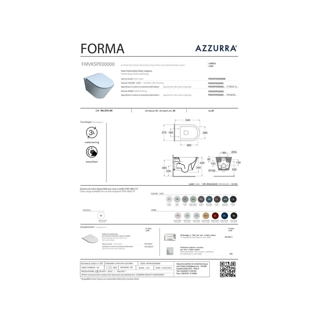Coppia Di Sanitari Azzurra Ceramica Sospesi Senza Brida Bianco Opaco "Forma"