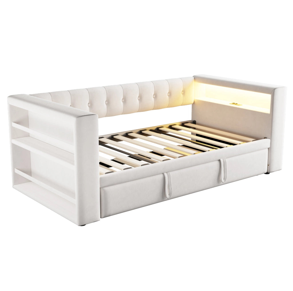 Divano letto multifunzionale 90/180x190 cm in flanella beige con LED; prese e contenitore