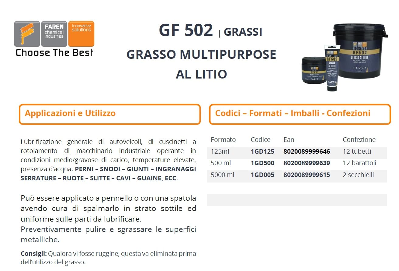 Grasso al litio faren GF 502-125ml resiste all'acqua-lubrificante x automezzi