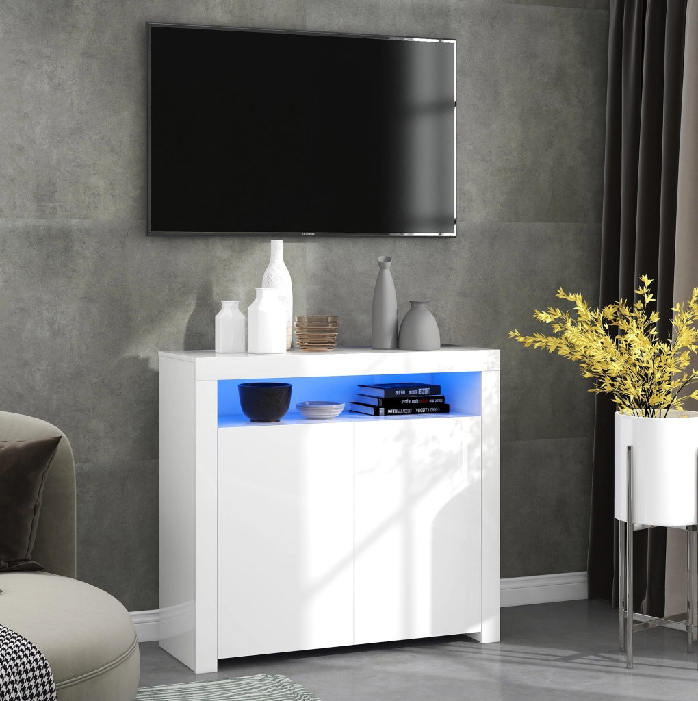Credenza ULEVR 108x40x92 cm bianca con 2 ante, vani aperti, LED multicolore e porta USB