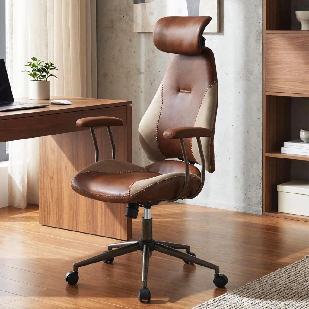 Sedia da Ufficio Ergonomica, Sedia da Scrivania in Tessuto di Lino con Poggiatesta 2D, Schienale Oscillante e Ruote, Poltrona da Lavoro Regolabile Girevole, Portata 150 kg (Marrone)