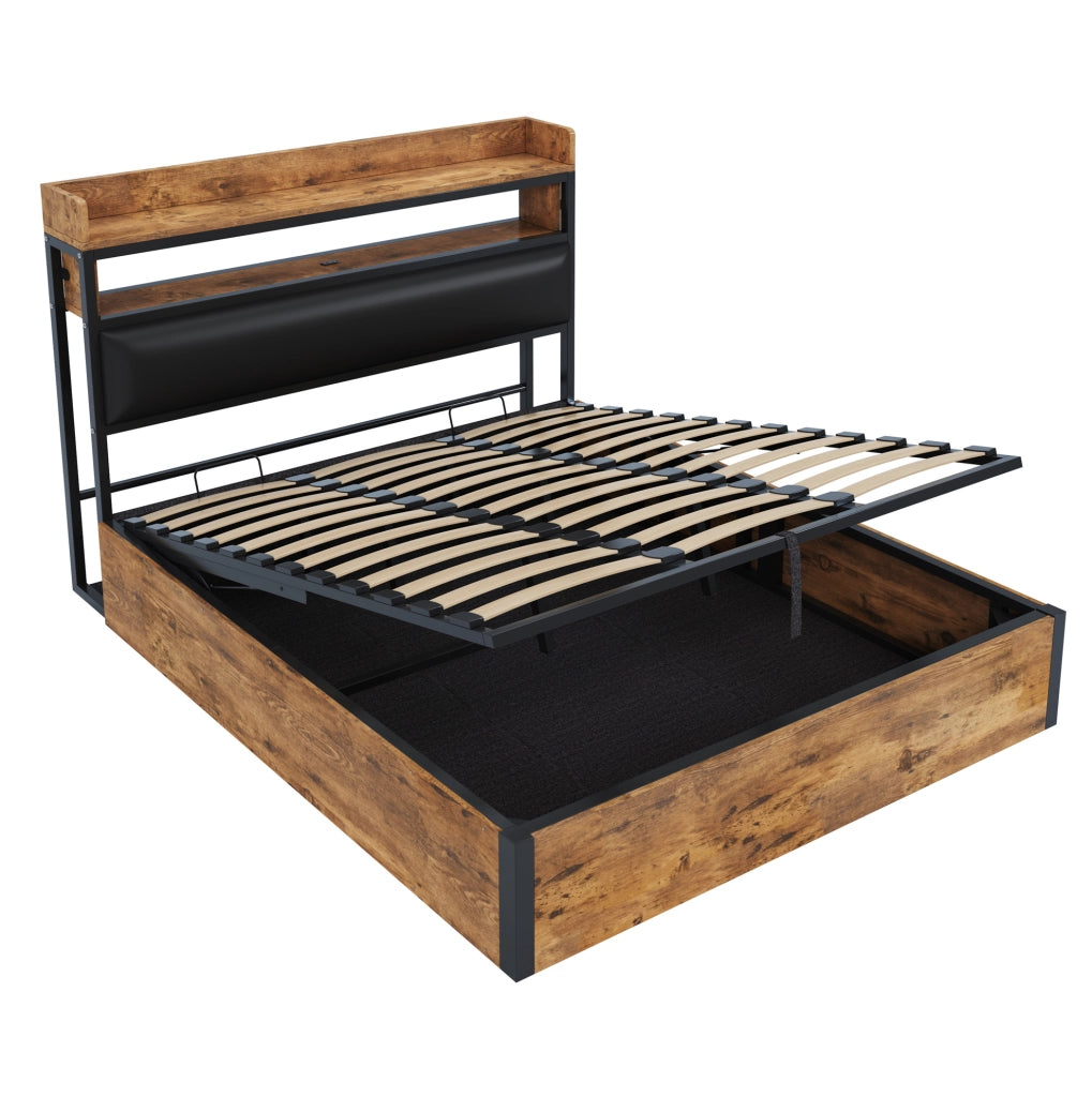 Letto 180x200 cm con contenitore; USB e testiera imbottita in metallo; MDF e tessuto nero