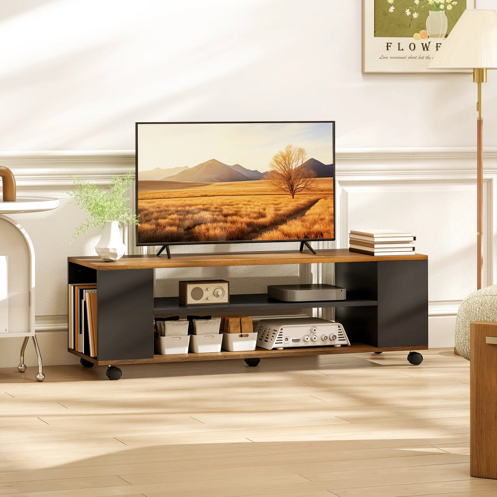 Mobile TV con ruote ¨C Xylo ¨C 4 ripiani, legno noce e nero, 120x40x38,5 cm