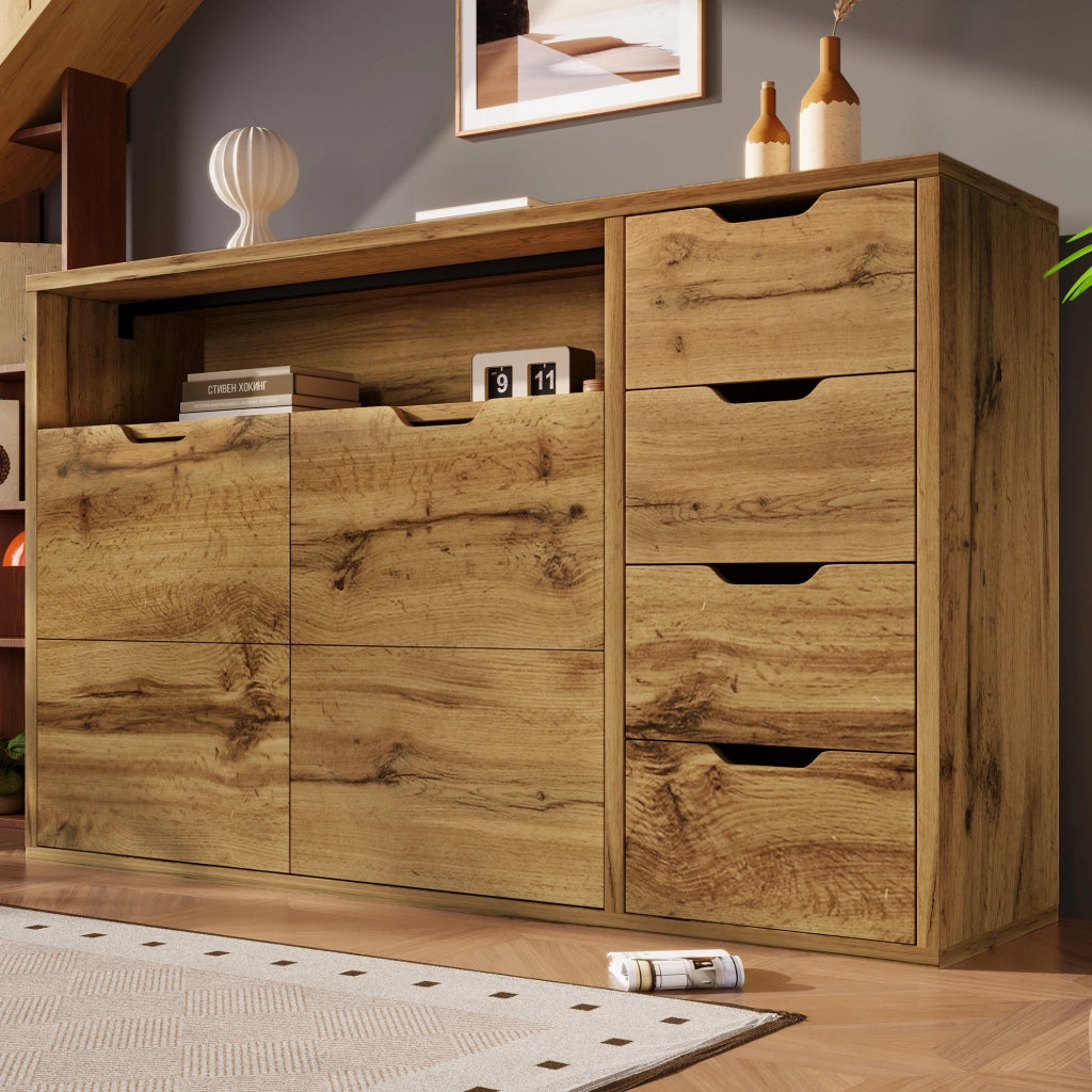 COMMODE Sideboard 150x40x90 cm effetto rovere con 2 ante, 4 cassetti e vano aperto