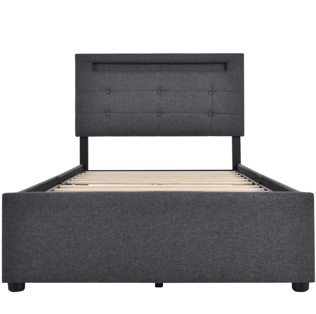 Letto singolo 90x200 cm con LED e 2 cassetti; testiera regolabile; tessuto in lino grigio