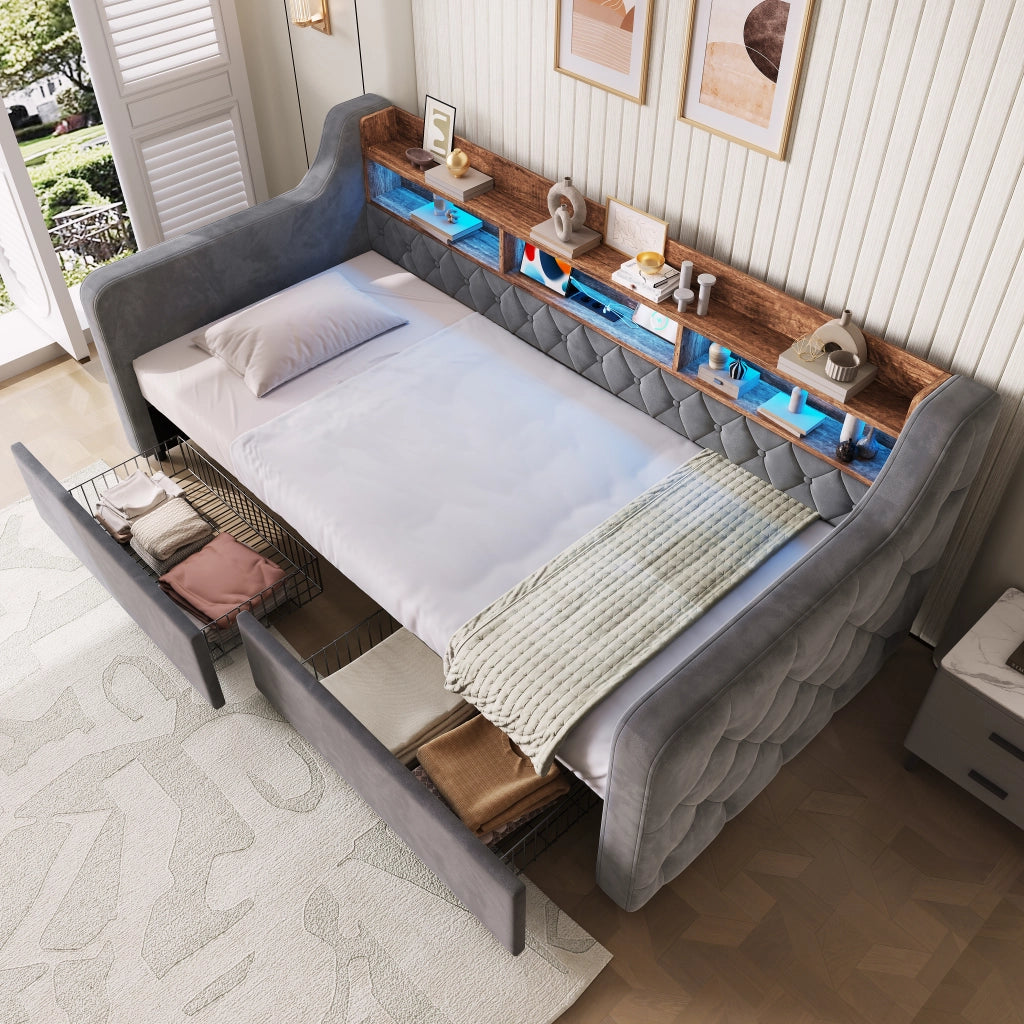Letto imbottito con contenitore e LED, testiera con ripiano e ricarica, 2 cassetti, velluto dark gray 90 × 190 cm