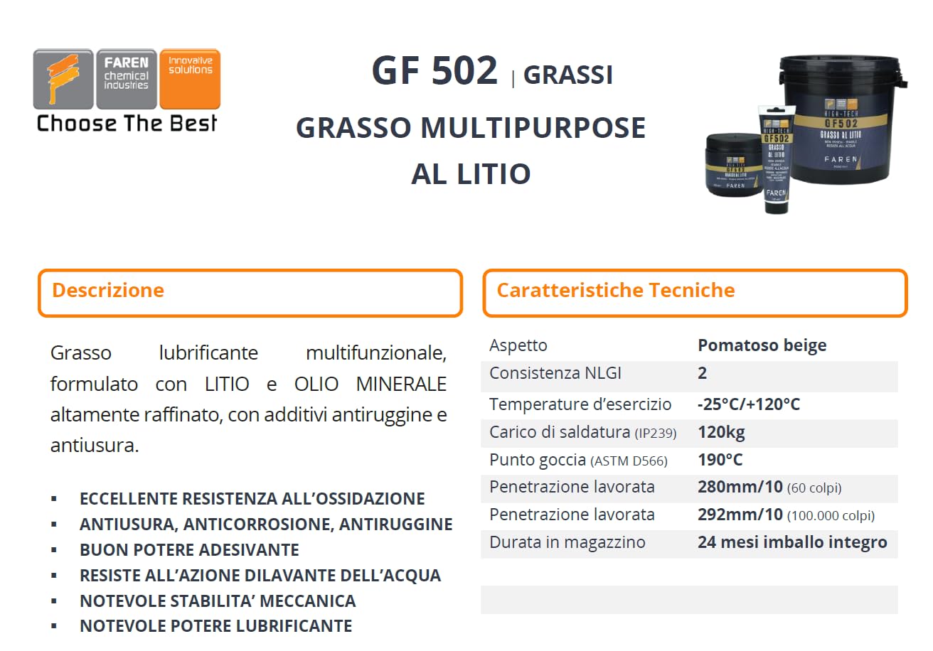 Grasso al litio faren GF 502-125ml resiste all'acqua-lubrificante x automezzi