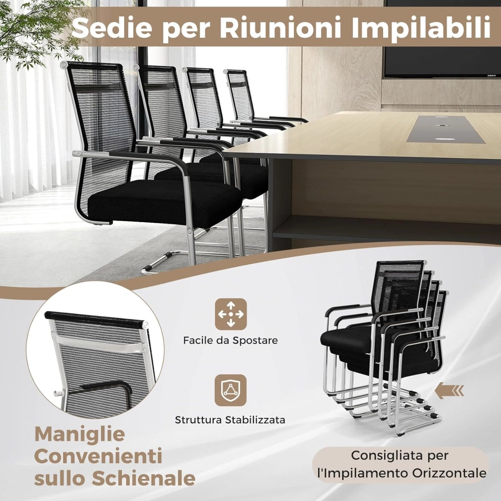 Set di 4 Sedie per Ospiti da Ufficio in Rete, Sedia da Conferenza con Base in Metallo e Braccioli, Poltrona da Ufficio in Rete,per Casa, Sale Conferenza, Portata 150 kg