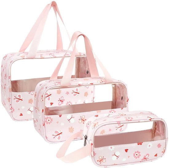 Tas per Cosmetici Transparente 3 Stuks, Impermeabile PVC per Borse da Toletta per Donne, Borse Leggere per Viaggio (Stampata - Rosa)