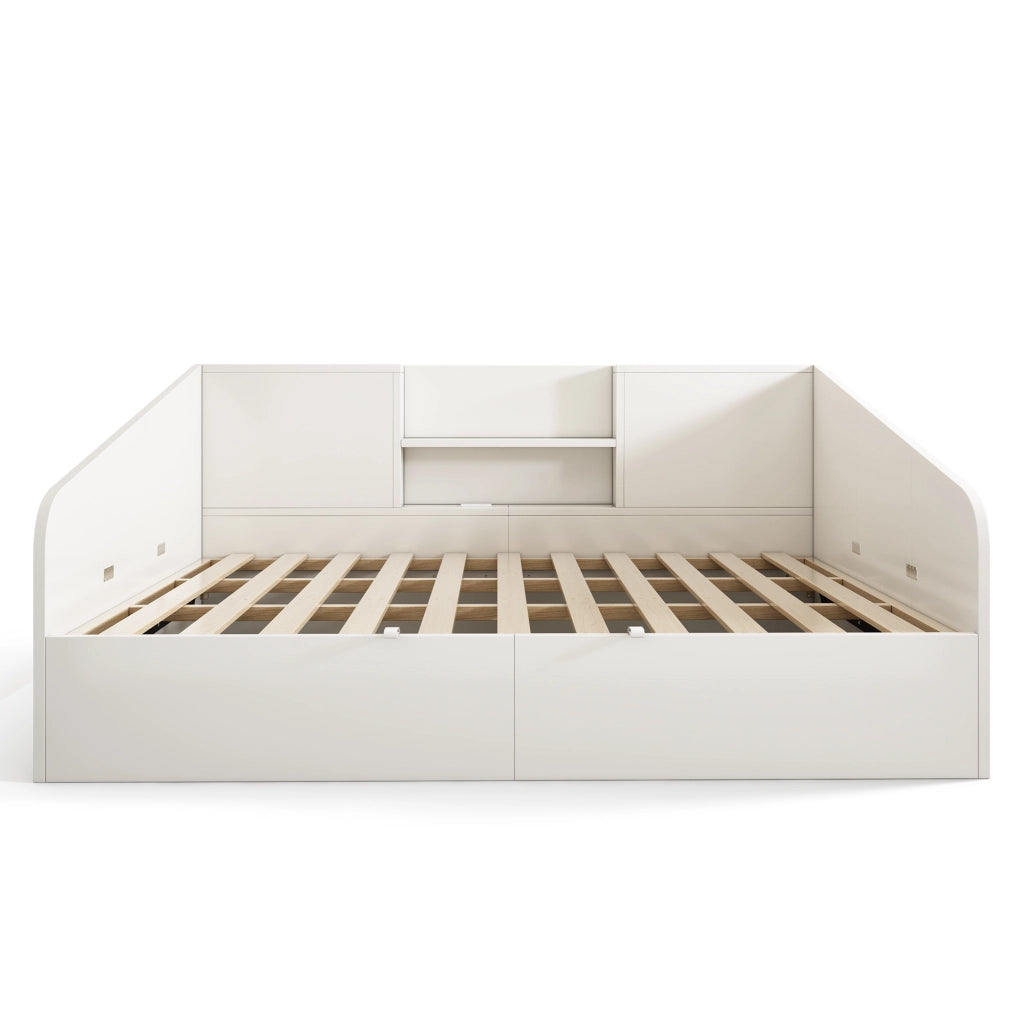 Letti contenitori 140x190 cm idraulico con vani portaoggetti e stazione di ricarica; legno; bianco (Senza materasso)
