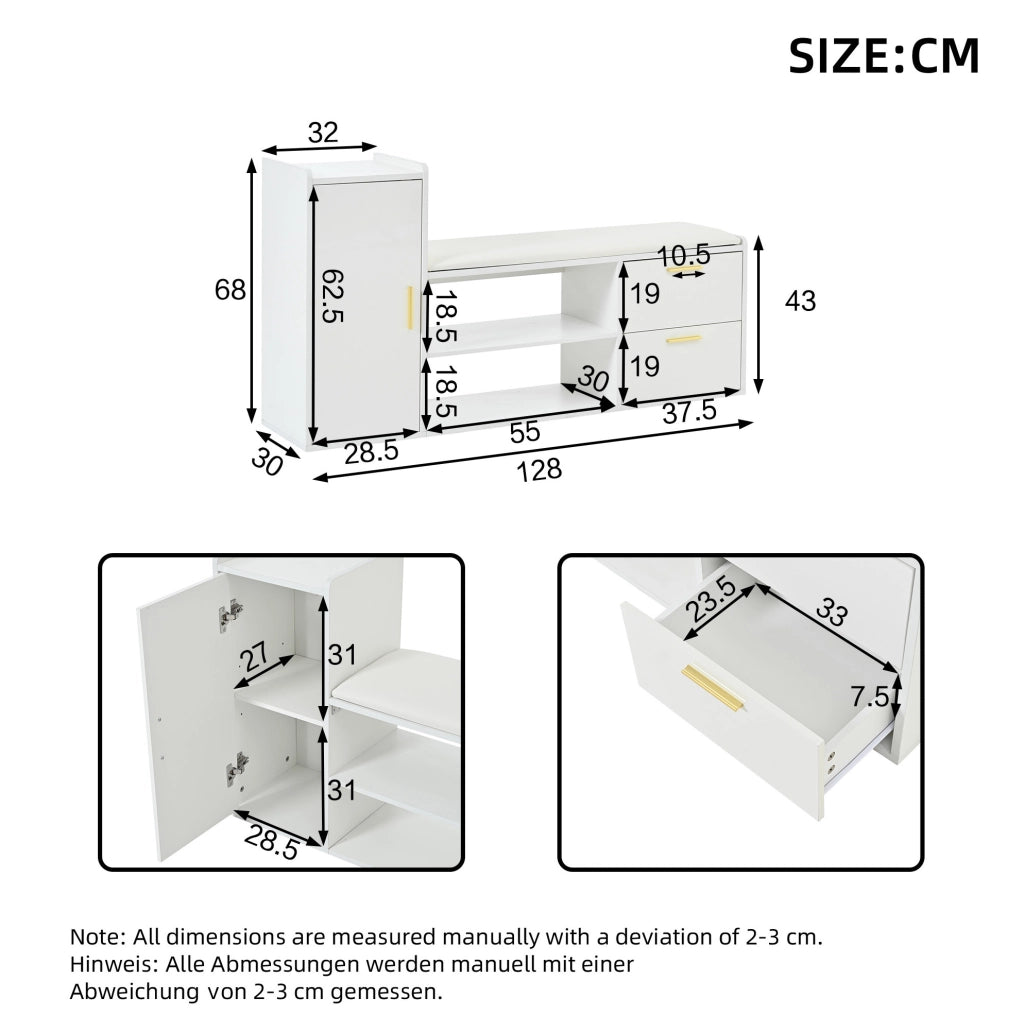 Scarpiera 128x30x68 cm con 2 cassetti; 1 anta e seduta imbottita in truciolato bianco