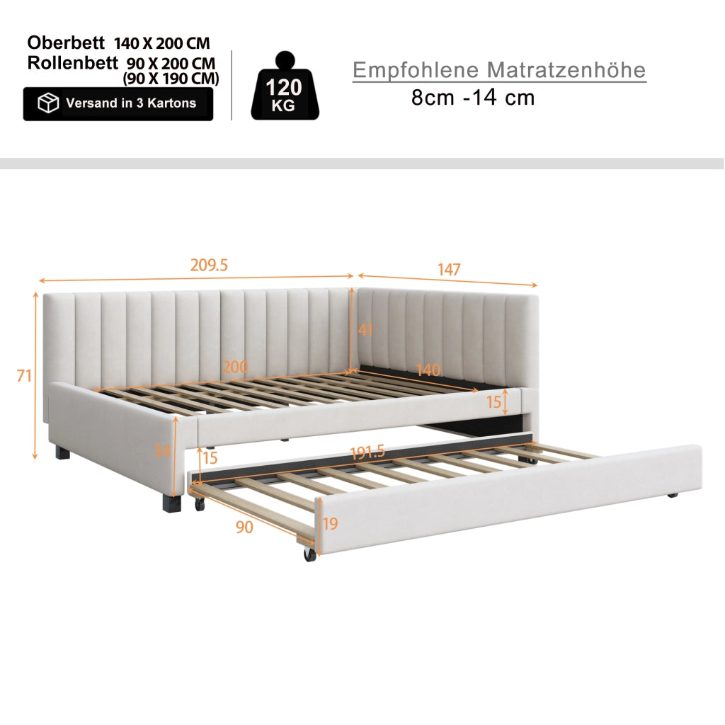 Letto estraibile matrimoniale 140×200 cm e 90×190 cm con rete; senza materasso; velluto; beige