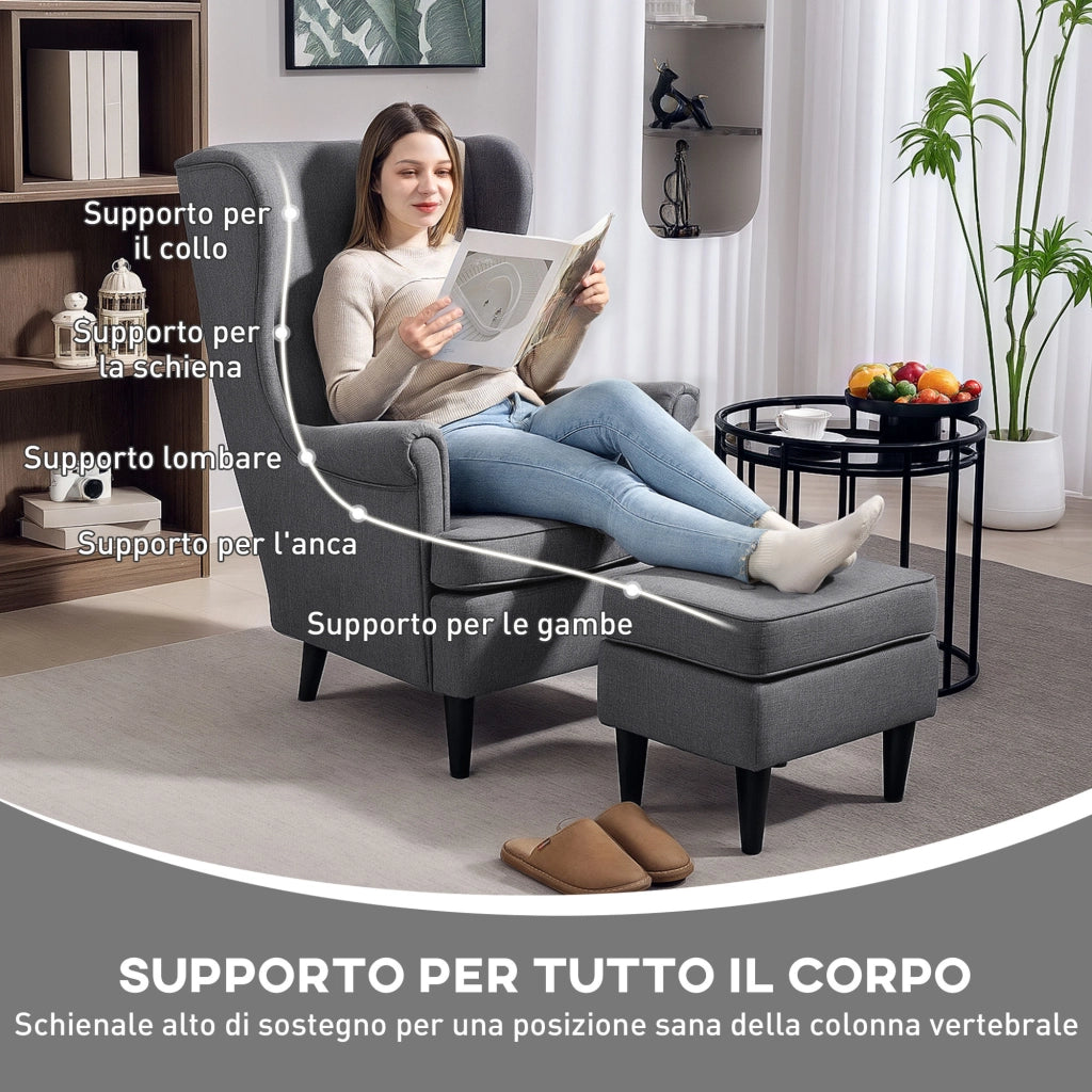 Poltrona da Salotto 75x83x104 cm con Pouf Poggiapiedi in Tessuto Grigio