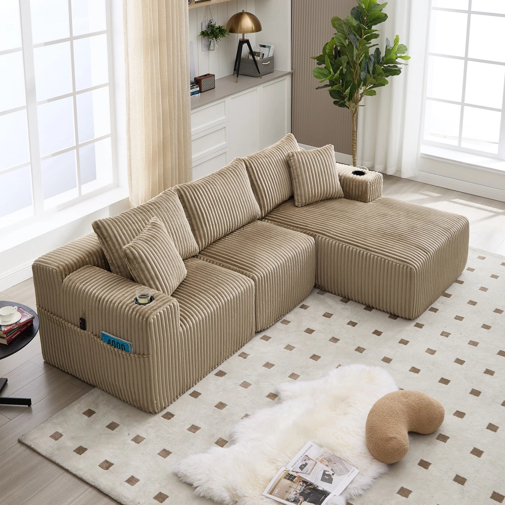 Canapé modulare con chaise longue e 2 posti con tasche laterali portabicchieri e 5 cuscini in velluto khaki