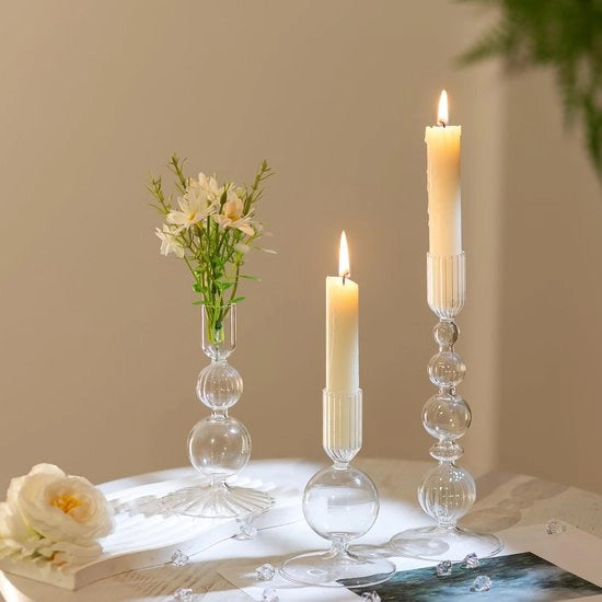 Set di 3 candelabri in vetro con decorazione elegante - Ideali per matrimoni e feste